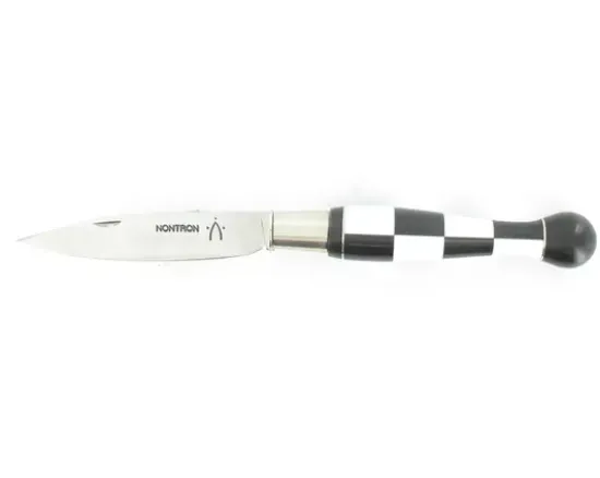 Nontron Virole n° 25 - Boule Damier - Manche Ebène et Corian Blanc, insert Aluminium